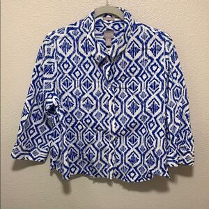 Chico's Geometric Blue and White Button Down Top